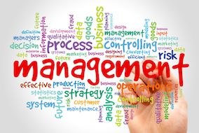 a collage of many colorful words surrounding the word management in large red text