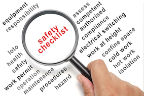 a photo of a magnifying glass overtop the words safety checklist in red text surrounded my words in black text