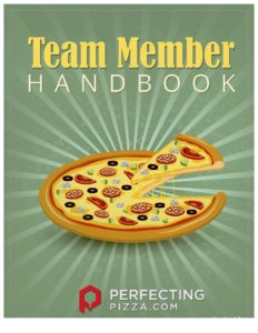 the cover of a book called team member handbook with a picture of a cartoonish pizza