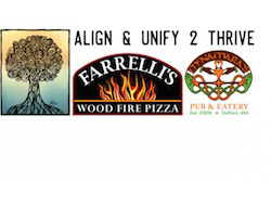 A logo that has a tree and a fire on it and says Align and unify 2 Thrive