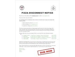 A pizza coupon flyer that is meant to look like a utility disconnect notice
